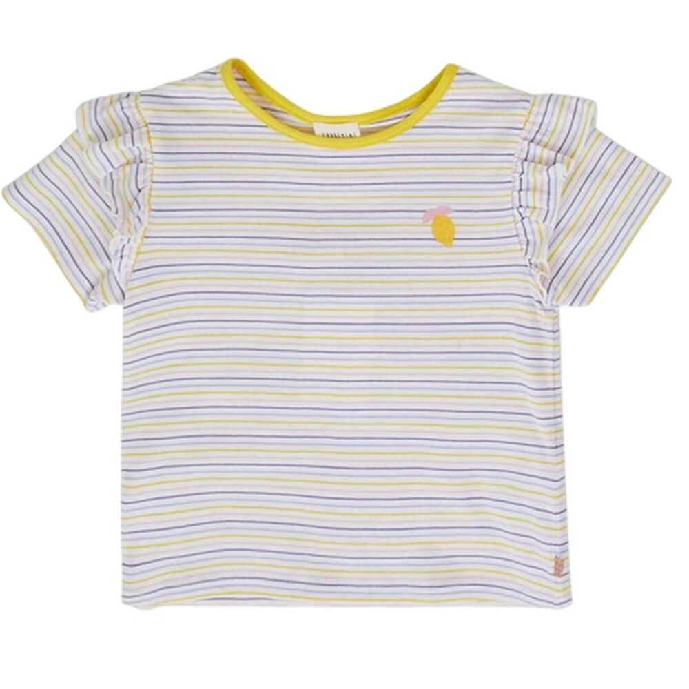 Carrement Beau Girls Striped Embroidered Ruffle T-Shirt / White/Yellow
